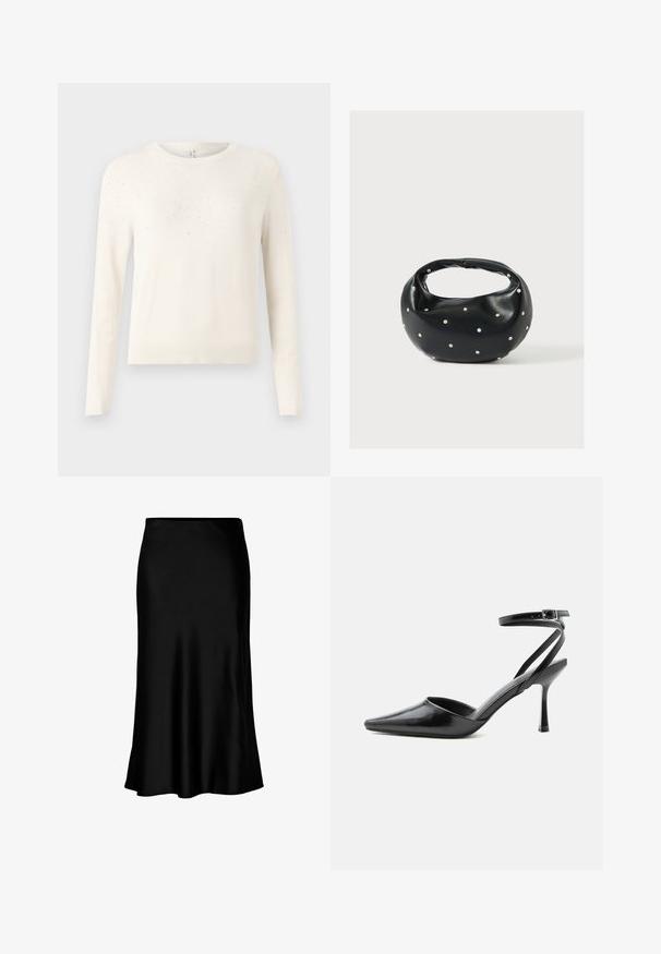 Cremefarvet strikket sweater med lange ærmer, rund hals og et struktureret mønster af små, lysreflekterende accenter på skuldrene.; Sort satin midi-nederdel med en glat tekstur, klokkeformet kant og en tætsiddende talje, der har et enkelt, klassisk design.; Sort spids højhælet sko med tynde ankelremme og sølvspænde på en ensfarvet lys baggrund.; Sort læderhåndtaske med en rundet form, dekoreret med sølvnitter, og et kort håndtag. Glat tekstur og lynlåslukning.