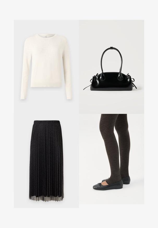 Cremefarvet strikket sweater med lange ærmer, rund hals og et struktureret mønster af små, lysreflekterende accenter på skuldrene.; Sort plisseret midi-skjørt med en subtil leopardprint, elastisk talje og transparent tekstur ved kanten.; Ben iført mørke ribbede leggings kombineret med sorte balletsko med små sløjfedetaljer på hvid baggrund.; Lille sort blank håndtaske med to lange håndtag og snøre-detaljer i siden på en ensfarvet lys baggrund.