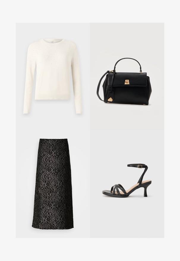 Cremefarvet strikket sweater med lange ærmer, rund hals og et struktureret mønster af små, lysreflekterende accenter på skuldrene.; Sort blonde maxi nederdel med blomsterprint og struktureret design, i lige silhuet og med en glat indvendig foring.; Sorte høje hæle sandaler med flere tynde stropper over tæerne, en enkelt ankelstrop med en gylden spænde og en firkantet tå.; Sort læderhåndtaske med top-håndtag, klaplukning med guldtonet spænde og aftagelig skulderrem mod hvid baggrund.