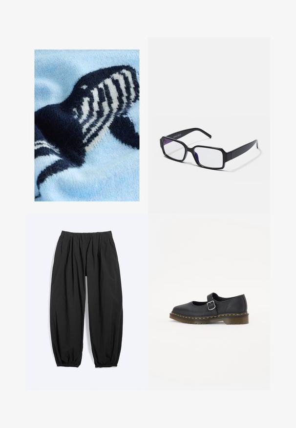 Suéter de punto azul claro con un diseño de ballena en azul oscuro y blanco. Textura suave con un patrón de tejido destacado.; Pantalones negros holgados con pierna estrecha, cintura elástica y puños en los tobillos, hechos de tela ligera.; Zapatos Mary Jane de cuero negro con punta redonda, hebilla ajustable, costuras amarillas y suela de goma marrón gruesa.; Gafas de montura rectangular negra con lentes transparentes. Presenta un tinte púrpura distintivo en los bordes interiores y un acabado de plástico suave.