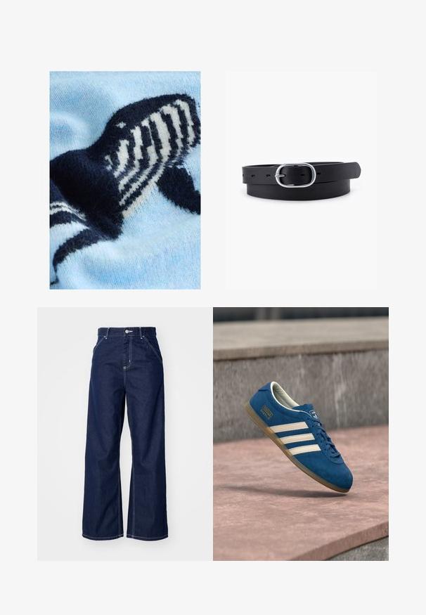 Suéter de punto azul claro con un diseño de ballena en azul oscuro y blanco. Textura suave con un patrón de tejido destacado.; Jeans de pierna ancha en denim azul oscuro, con una cintura alta, costuras blancas en contraste y diseño tradicional de cinco bolsillos.; Zapatilla de gamuza azul con rayas y cordones crema, suela de goma color miel, superficie texturizada, puntera redondeada y marca lateral.; Cinturón de cuero negro con una textura suave, hebilla ovalada de metal plateado y múltiples agujeros de ajuste a lo largo de la correa. Diseño plano y minimalista.
