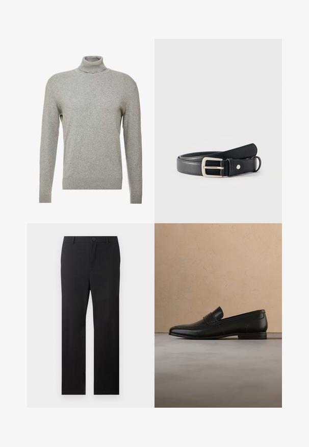 Gray pullover sweater with a high neck and long sleeves. Made from a smooth, soft material with a fitted design and ribbed accents at the hem.; Black straight-leg trousers with belt loops and a front button closure on a white background.; Black leather loafer shoe displayed mid-air above beige carpet with beige sofa in the background.; Black leather belt with silver rectangular buckle coiled on plain white background.