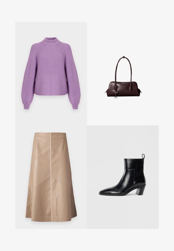 Lavender geribbelde trui met hoge hals, brede mouwen en een ontspannen pasvorm. De gestructureerde stof verhoogt de visuele interesse en warmte.; Beige faux leren A-lijn rok met subtiele paneeldetails en een matte afwerking, knie-lengte en hoge taille.; Zwarte leren enkelboot met een spitse neus, een geometrische gestapelde hak en een trekband aan de achterkant. Gladde textuur en slank ontwerp.; Donkerbruine leren Calvin Klein handtas met lange dubbele handvatten en een kleine logo-sierhanger die aan één handvat hangt.