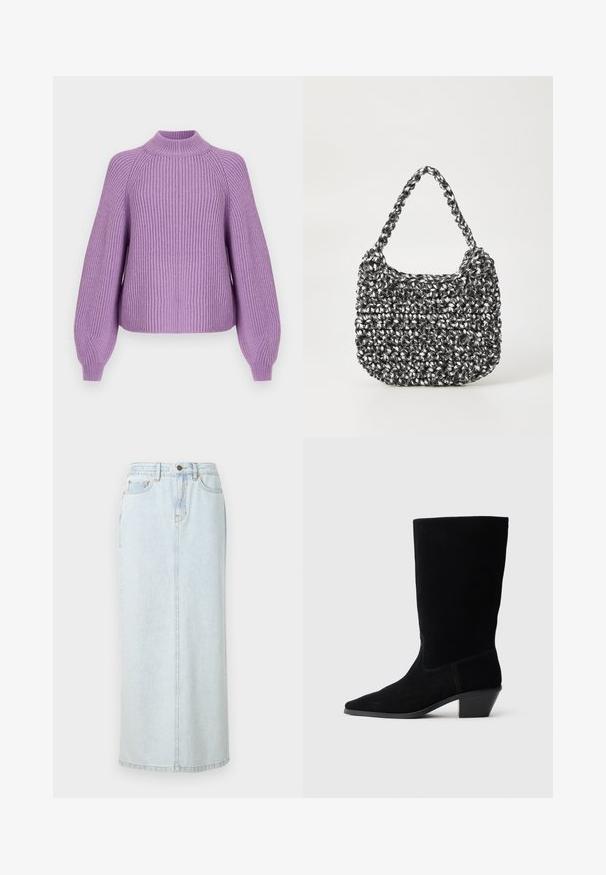 Lavender geribbelde trui met hoge hals, brede mouwen en een ontspannen pasvorm. De gestructureerde stof verhoogt de visuele interesse en warmte.; Lichtblauwe denim maxi rok met een rechte snit, voorzijde met knopen en zichtbare stiksels. Bevat twee voorzakken.; Zwarte suede enkellaars met een spitse neus, een schacht van gemiddelde hoogte en een chunky hak. Heeft minimaal stikwerk en een gladde textuur.; Geweven handtas in zwart en wit met een ronde vorm, gestructureerd oppervlak en een gevlochten handvat. Geschikt voor dagelijks gebruik.