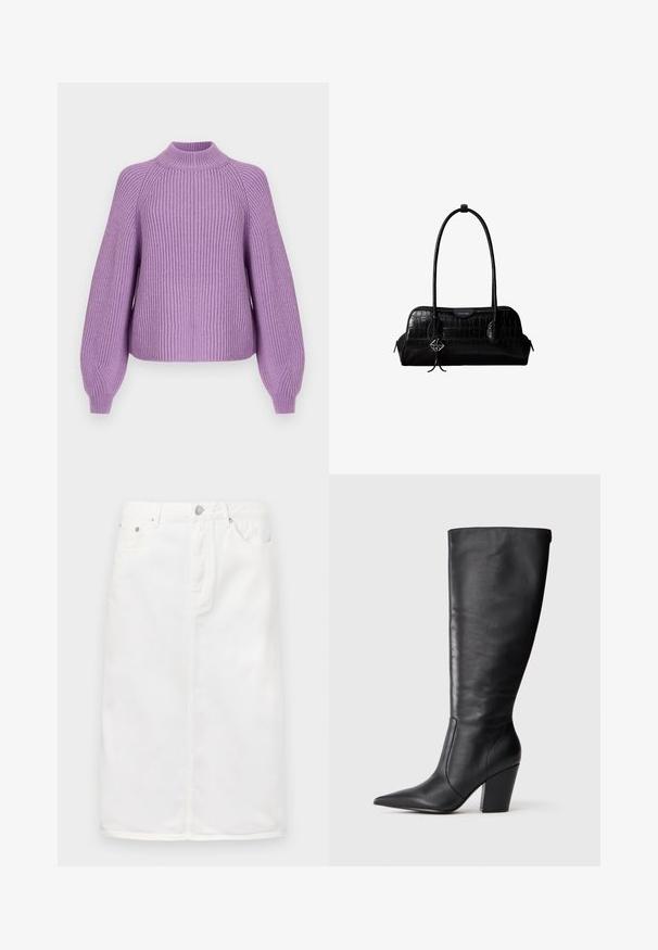 Lavendel ribbet striktrøje med høj hals, brede ærmer og en afslappet pasform. Den teksturerede stof giver visuel interesse og varme.; Hvid denimnederdel med lynlås foran, fem lomme-design og lige silhuet med stikninger.; Sort læderknehøj støvle med spids tå og kraftig høj hæl, vist i venstre sideprofil på hvid baggrund.; Sort skuldertaske i krokodillelæder med lange stropper og lille sølvlogo-charm på den ene strop.