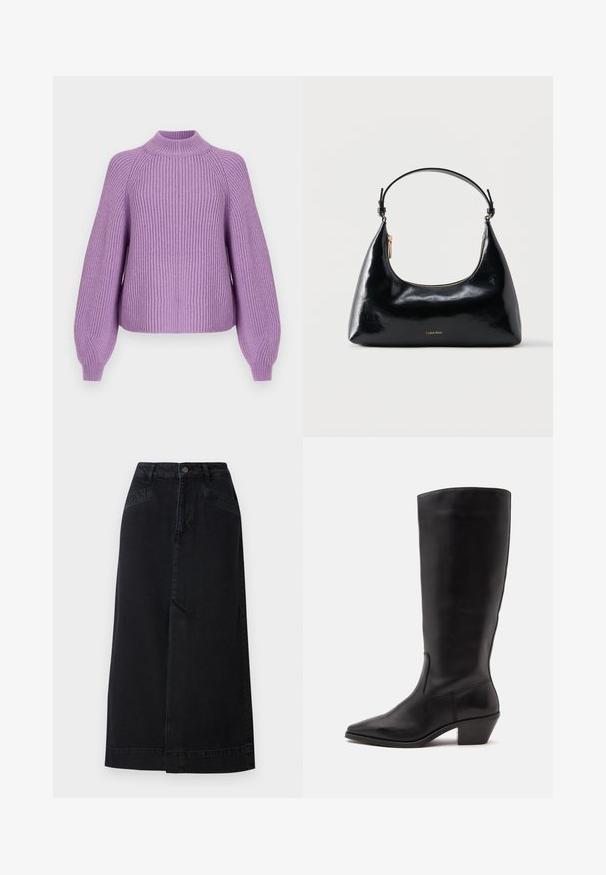 Lavender geribbelde trui met hoge hals, brede mouwen en een ontspannen pasvorm. De gestructureerde stof verhoogt de visuele interesse en warmte.; Zwarte denim midi-rok met een rechte snit, knopen aan de voorkant en zijzakken met subtiele stikseldetails.; Zwarte leren laars tot half op de kuit met een puntige neus en een lage schuine hak op een effen lichte achtergrond.; Zwarte glanzende Calvin Klein handtas met gouden rits en korte band tegen een effen witte achtergrond.