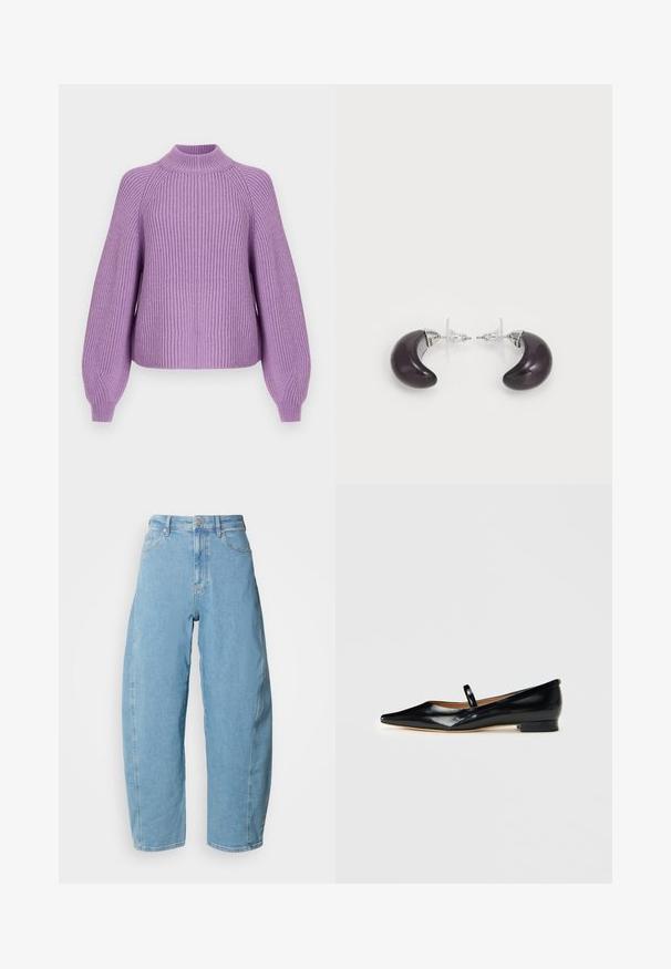 Pull en maille côtelée lavande avec un col haut, des manches larges et une coupe décontractée. Le tissu texturé ajoute de l'intérêt visuel et de la chaleur.; Jean en denim bleu clair taille haute à jambes larges avec poches devant et derrière, fermeture par boutons et braguette à glissière.; Chaussure plate Mary Jane en cuir verni noir, à bout pointu, avec une seule sangle et un petit talon sur fond uni.; Boucles d'oreilles en résine violet foncé en forme de croissants de lune, avec des accents en métal argenté et des attaches arrière en plastique transparent pour un maintien sûr.