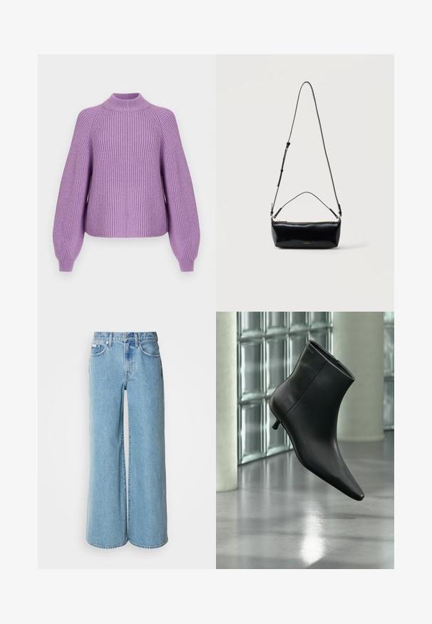 Lavender geribbelde trui met hoge hals, brede mouwen en een ontspannen pasvorm. De gestructureerde stof verhoogt de visuele interesse en warmte.; Lichtblauwe wijde jeans van denim, met een hoge taille, vijf pockets en subtiele vervaging langs de stof.; Zwarte leren enkellaars met spits toelopende neus en lage kittenhak, schuin weergegeven tegen een gepolijste vloer en een glazen blokken muur als achtergrond.; Zwarte rechthoekige leren crossbodytas met verstelbare schouderriem, bovenrits en klein gouden Calvin Klein-logo aan de voorkant.