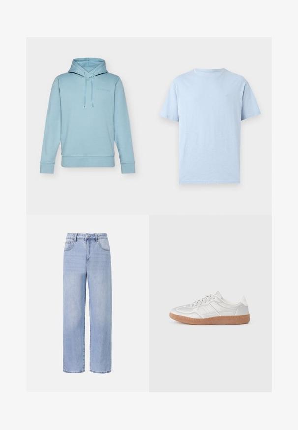 Hoodie bleu clair en mélange de coton doux, doté d'une poche kangourou, d'une capuche avec cordon de serrage et d'un logo brodé sur la poitrine.; T-shirt bleu clair à manches courtes et col rond avec un petit logo brodé sur la poitrine gauche, présenté sur un fond uni.; Jean en denim bleu clair avec une coupe décontractée et des jambes larges. Les caractéristiques incluent cinq poches, une fermeture à bouton à l'avant et une décoloration subtile.; Baskets argentées avec une texture lisse, un design à lacets, des accents perforés et une semelle en caoutchouc marron texturé.