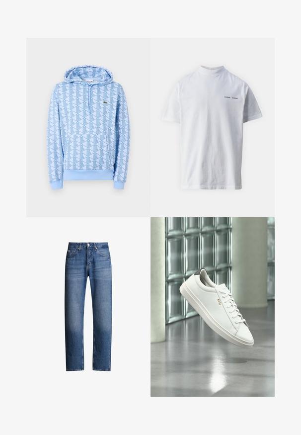 Hoodie bleu à motif géométrique, avec poche avant et capuche à cordon. Fabriqué en tissu doux avec des poignets et un ourlet côtelés.; T-shirt en coton blanc avec un col haut et des manches courtes. Présente le logo "SAMSØE SAMSØE" en noir sur le devant. Texture lisse.; Jeans en denim bleu avec une coupe droite, cinq poches et une fermeture éclair. Présente une légère décoloration et des coutures le long des coutures.; Baskets basses en cuir blanc avec lacets, languette de talon noire et logo « BOSS », flottant à l'intérieur près d'un mur en blocs de verre et d'un sol poli.