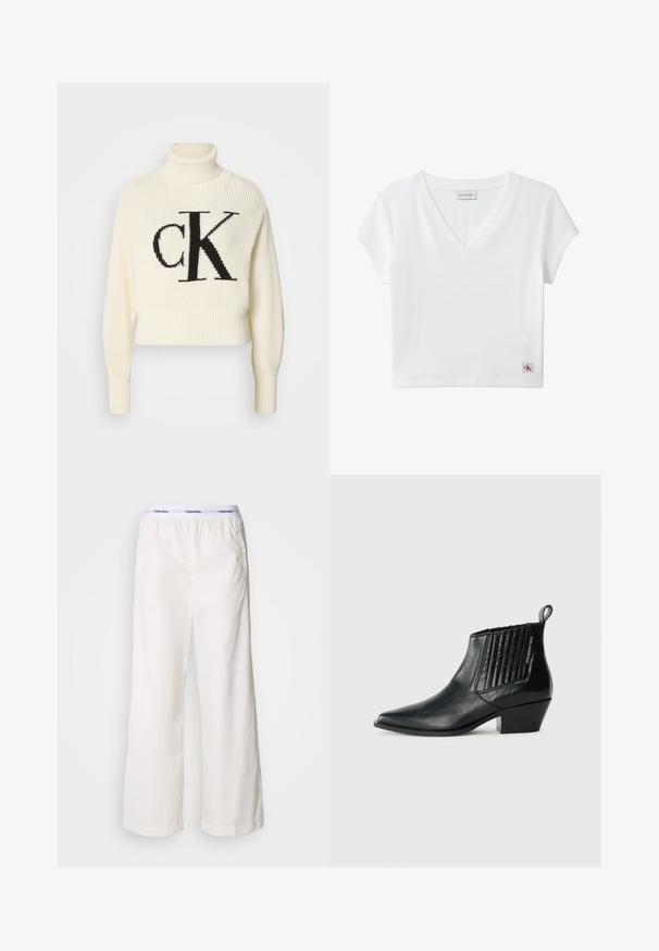 Cremefarvet ribstrikket turtleneck sweater med en cropped kant, der har et stort sort "CK" logo på forsiden. Blødt strikmateriale, lange ærmer.; Hvid kortærmet ribbet V-hals crop top med Calvin Klein Jeans-mærke ved baghalsen og lille CK-logo på kanten.; Hvide brede bukser med elastisk talje og et kontrasterende Calvin Klein-logo. Fremstillet af glat stof, giver de en afslappet pasform.; Sort læder ankelstøvle med spidse tæer, quiltet sidepanel og en lav blokhæl. Diskret branding på siden.