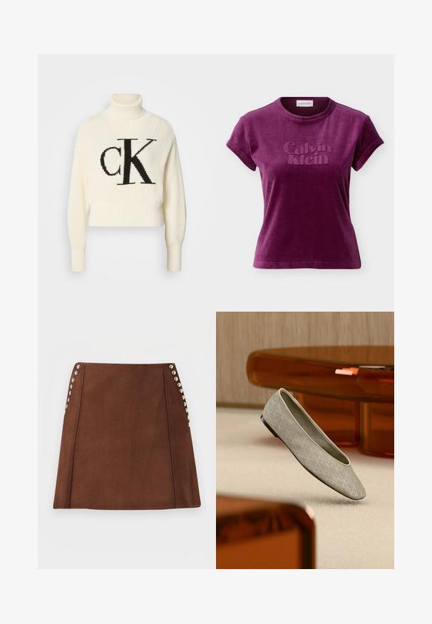 Cremefarvet ribstrikket turtleneck sweater med en cropped kant, der har et stort sort "CK" logo på forsiden. Blødt strikmateriale, lange ærmer.; Kortærmet t-shirt i plommerøde velour med præget "Calvin Klein" logo foran og rund halsudskæring.; Brun ruskind nederdel i A-form med sølvnittepynt langs begge sidesømme, fladt frontdesign.; Beige balletsko med geometrisk mønster svæver over et lyst tæppe i et moderne rum med møbler i ravtoner.