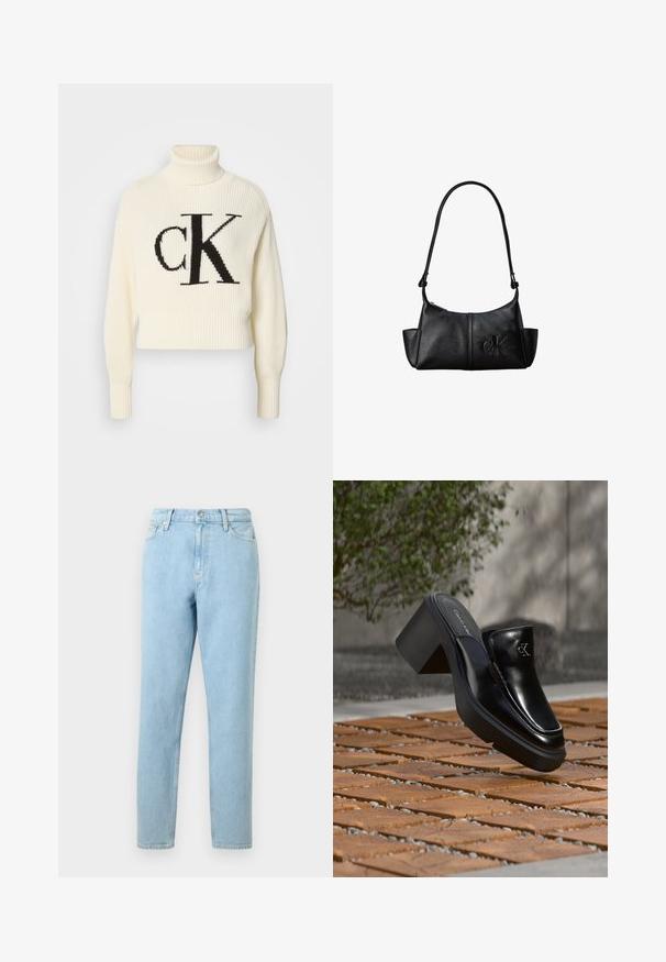 Cremefarvet ribstrikket turtleneck sweater med en cropped kant, der har et stort sort "CK" logo på forsiden. Blødt strikmateriale, lange ærmer.; Lyseblå denimjeans med lige ben, femlommers design og knaplukning. Har subtilt slid og en glat tekstur.; Sort læder Calvin Klein slip-on mule med blokhæl, der hviler på trætøj udendørs nær en grøn plante og en grå væg.; Sort læder skuldertaske med lang rem, sidelommer og præget Calvin Klein-logo på fronten.
