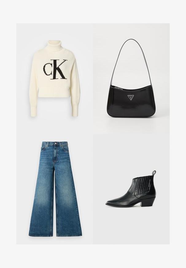Cremefarvet ribstrikket turtleneck sweater med en cropped kant, der har et stort sort "CK" logo på forsiden. Blødt strikmateriale, lange ærmer.; Høj- og bredbenede jeans i falmet blå denim med knaplukning, bæltesløjfer og to forlommer.; Sort læder ankelstøvle med spidse tæer, quiltet sidepanel og en lav blokhæl. Diskret branding på siden.; Sort patenteret læder skuldertaske med en buet form, prydet med et sølvfarvet trekantet logo og en lynlås-lukning. Glat tekstur og slank rem.