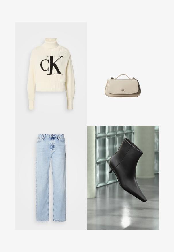 Pull à col roulé côtelé crème avec un ourlet court, arborant un grand logo "CK" noir sur le devant. Matière en tricot douce, manches longues.; Jeans large bleus clairs en denim, avec une taille haute, un lavage décoloré et un motif tie-dye subtil à l'avant.; Bottine en cuir noir avec bout pointu et petit talon, présentée devant un mur en blocs de verre et un sol poli.; Petit sac à main en cuir beige avec poignée supérieure et logo CK argenté sur le rabat avant, présenté sur fond blanc.