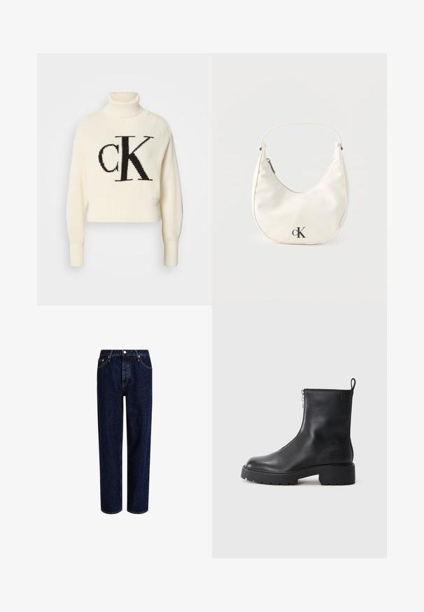 Cremefarvet ribstrikket turtleneck sweater med en cropped kant, der har et stort sort "CK" logo på forsiden. Blødt strikmateriale, lange ærmer.; Mørkeblå denim jeans med lige ben-design, der har høj talje, fem-lomme-stil og kontrastsyninger. Ingen dekorationer.; Sorte læder ankelstøvler med lynlås i siden, rund tå og en chunky, tekstureret sål. Diskret branding på siden.; Lille hvid halvmåneformet håndtaske med kort rem, lynlås og sort "cK"-logo foran.
