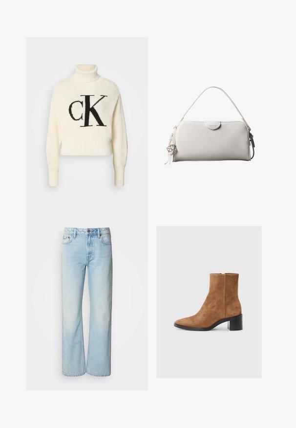 Pull à col roulé côtelé crème avec un ourlet court, arborant un grand logo "CK" noir sur le devant. Matière en tricot douce, manches longues.; Jeans à jambes larges bleu clair en denim, présentant un design classique à cinq poches et une texture légèrement décolorée. La couture en denim est visible.; Bottine en suede marron avec un bout pointu, un talon moyen rectangulaire et un discret logo en relief. Fermeture éclair sur le côté.; Sac à main rectangulaire blanc Calvin Klein avec une seule poignée, design minimaliste et pampilles décoratives avec un charm métallique géométrique sur le côté.