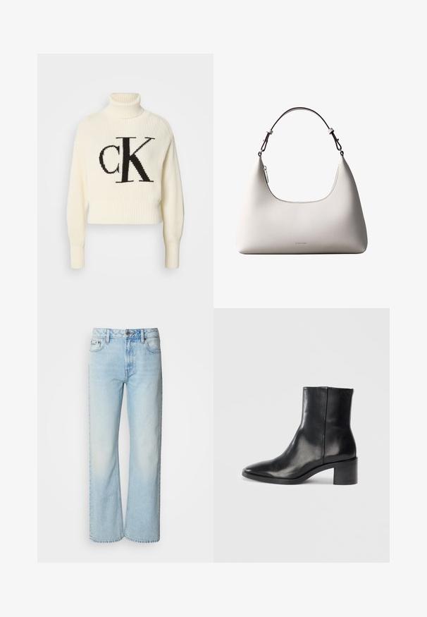 Pull à col roulé côtelé crème avec un ourlet court, arborant un grand logo "CK" noir sur le devant. Matière en tricot douce, manches longues.; Jeans à jambes larges bleu clair en denim, présentant un design classique à cinq poches et une texture légèrement décolorée. La couture en denim est visible.; Bottine en cuir noir avec un bout pointu, un petit talon bloc et un logo en relief discret. Texture lisse avec un design élégant et un minimum de coutures.; Sac à bandoulière en cuir couleur crème de Calvin Klein avec bord supérieur incurvé, fermeture éclair argentée et sangle ajustable brun foncé.