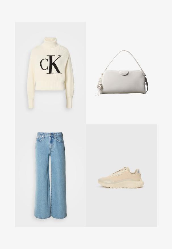 Pull à col roulé côtelé crème avec un ourlet court, arborant un grand logo "CK" noir sur le devant. Matière en tricot douce, manches longues.; Jean large bleu clair en denim, avec une taille haute, un design à cinq poches et un léger dégradé sur le tissu.; Baskets beiges avec un bout et une partie supérieure en cuir verni lisse, détaillées avec une semelle intermédiaire texturée et une semelle extérieure en caoutchouc à bande de roulement. Comprend une étiquette de marque.; Sac à main rectangulaire blanc Calvin Klein avec une seule poignée, design minimaliste et pampilles décoratives avec un charm métallique géométrique sur le côté.