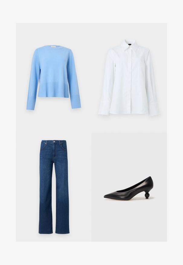 Pull bleu clair à col rond, manches longues avec poignets et ourlet côtelés sur un fond gris uni.; Chemise blanche à manches longues avec col pointu, fermeture boutonnée à l'avant et ourlet droit. Fabriquée en tissu lisse sans motifs ni accents.; Jeans en denim bleu avec une coupe droite, un design classique à cinq poches et une fermeture par bouton métallique à la taille.; Chaussure à talon haut en cuir noir avec un bout pointu et un talon arrondi. Texture lisse avec un design épuré et minimal.