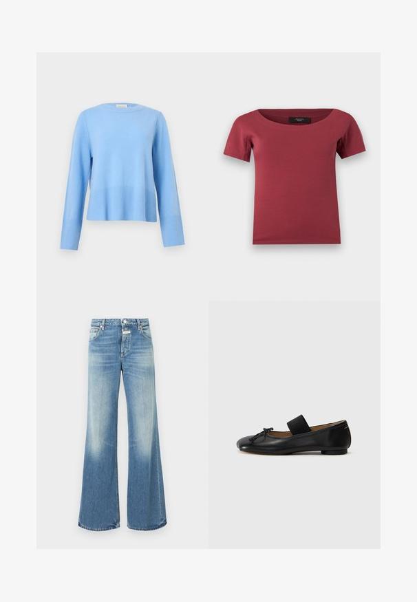 Pull bleu clair à col rond, manches longues avec poignets et ourlet côtelés sur un fond gris uni.; Haut pour femmes à manches courtes, de couleur rose foncé, avec un large décolleté en arrondi et une coupe ajustée, posé à plat sur un fond blanc.; Jean large bleu clair en denim, présentant un lavage décoloré, un design traditionnel à cinq poches, et des coutures visibles le long des seams.; Ballerines en cuir noir avec un bout arrondi, un petit nœud décoratif et une lanière élastique sur le cou-de-pied pour un maintien sécurisé. Semelle plate.