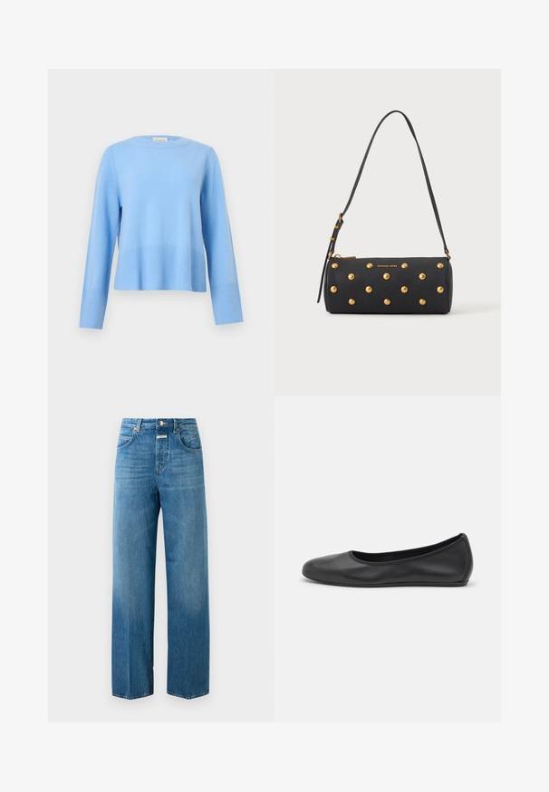 Pull bleu clair à col rond, manches longues avec poignets et ourlet côtelés sur un fond gris uni.; Jeans en denim bleu taille haute à jambe droite avec poches avant et arrière, fermeture à bouton et passants de ceinture sur un fond blanc.; Ballerines en cuir noir avec un bout rond, texture lisse, détails de couture minimalistes et design de semelle flexible.; Sac à main cylindrique noir avec des clous dorés et une bandoulière réglable, avec le logo "Michael Kors" en doré sur le devant.