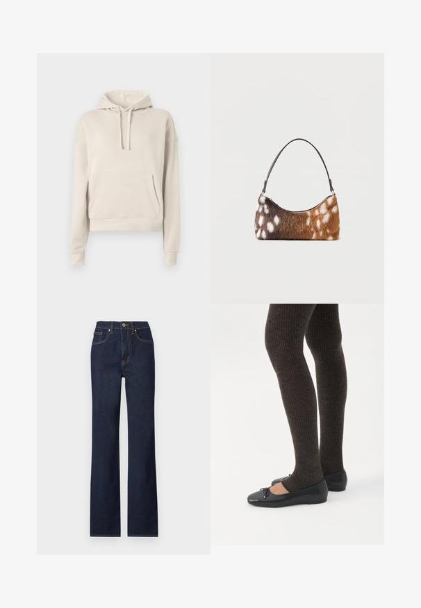 Beige hoodie lavet af blødt materiale, med en frontlomme, justerbar snøre i hætten samt ribbede manchetter og kant.; Mørkeblå denim jeans med lige ben, featuring en frontlukning med knap, fem lommer og kontrasterende syninger.; Ben iført mørke ribbede leggings kombineret med sorte balletsko med små sløjfedetaljer på hvid baggrund.; Skuldertaske med brun og hvid pletmønstret imiteret pels og en tynd sort rem, vist på en hvid baggrund.