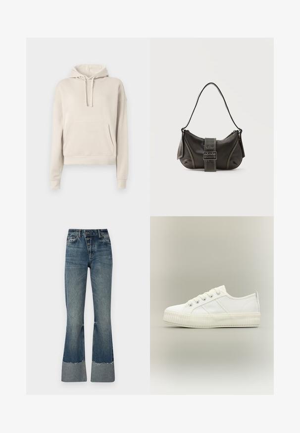 Sweat à capuche beige en matériau doux, avec une poche frontale, un cordon de serrage ajustable pour la capuche, et des poignets et un ourlet côtelés.; Jean flare en denim bleu moyen avec taille haute, cinq boutons et ourlet effiloché. Présente un poignet plus clair en bas et une texture décolorée.; Baskets basses blanches avec semelle épaisse côtelée, lacets à l'avant et languette à l'arrière sur fond neutre.; Sac à épaule en cuir noir avec une sangle à boucle, des bords arrondis et des coutures blanches contrastées sur un fond uni.