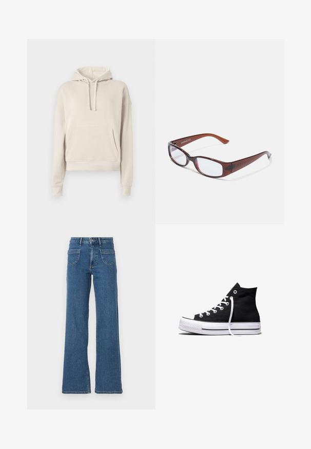 Beige hoodie lavet af blødt materiale, med en frontlomme, justerbar snøre i hætten samt ribbede manchetter og kant.; Blå denim brede ben jeans med høj talje, fem lommer, frontknaplukning og en let falmet finish. Syede kanter og sømme er synlige.; Sort high-top canvas sneaker med hvid gummisål og hvide snørebånd, vist fra siden mod en hvid baggrund.; Brune-farvede rektangulære briller med en glat overflade, der har slanke arme og gennemsigtige linser. Logoet er synligt på venstre temple.