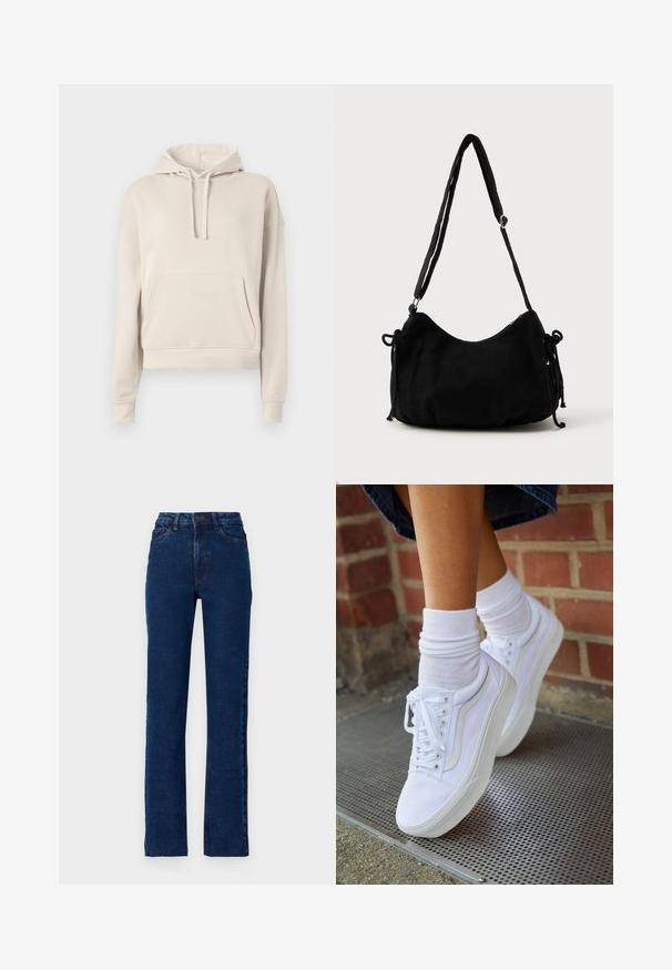 Sweat à capuche beige en matériau doux, avec une poche frontale, un cordon de serrage ajustable pour la capuche, et des poignets et un ourlet côtelés.; Jean en denim bleu foncé taille haute avec une coupe droite, cinq poches et des coutures contrastantes le long des coutures.; Baskets en toile blanches avec semelles en caoutchouc, dotées de six œillets, d'un bout rond et de détails de couture légers, portées avec des chaussettes blanches mi-mollet.; Sac à épaule en velours côtelé noir avec une forme courbée, bandoulière réglable et fermetures à cordon des deux côtés pour un ajustement de taille.