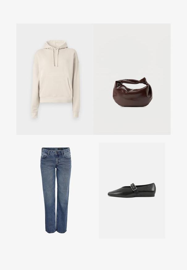 Beige hoodie lavet af blødt materiale, med en frontlomme, justerbar snøre i hætten samt ribbede manchetter og kant.; Blå denim jeans med en lige benudskæring, der har et klassisk fem-lomme design, diskrete stikninger og en knaplukning.; Sorte læder flade sko med spidse tæer, prydet med en metallisk spænde over vristen og en lav, fleksibel sål.; Mørkebrun læder skuldertaske med en blød, afslappet form og et snoet knudehåndtag på en ensartet hvid baggrund.
