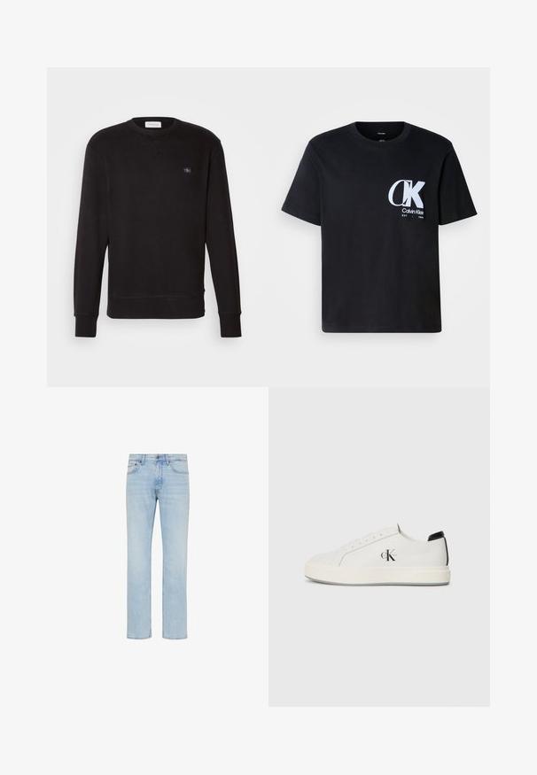 Sudadera negra hecha de un tejido suave, con cuello redondo, mangas largas, puños acanalados y un pequeño parche de la marca en el pecho.; Camiseta de algodón negra con mangas cortas, cuello redondo, que presenta un logo blanco "CK" en el lado izquierdo del pecho. Textura suave, dobladillo recto.; Vaqueros de mezclilla azul claro de pierna recta con botón delantero, cierre de cremallera y diseño de cinco bolsillos, mostrados sobre fondo blanco.; Zapatillas de cuero blanco con puntera redondeada, suela de goma plana y acento negro en el talón. Presenta un destacado logo negro de Calvin Klein en el costado.