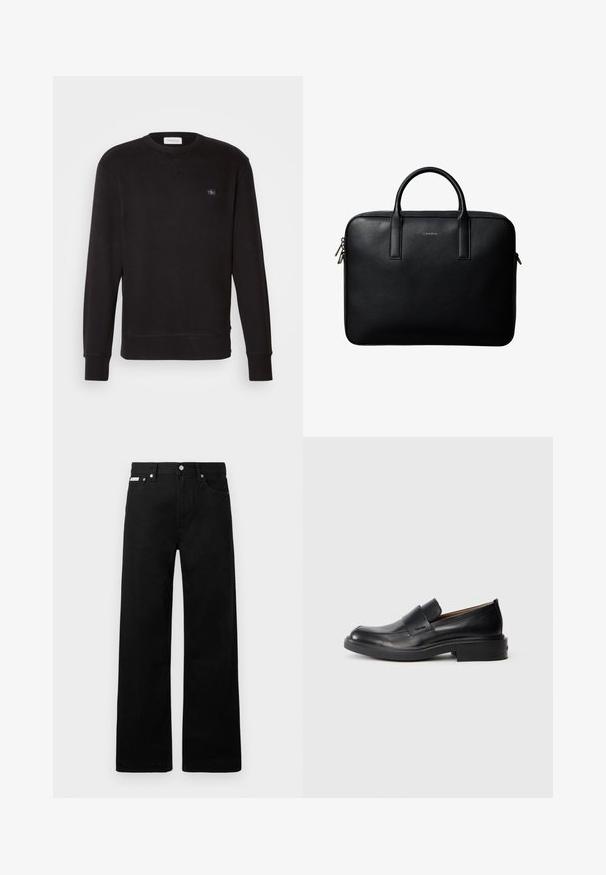 Sudadera negra hecha de un tejido suave, con cuello redondo, mangas largas, puños acanalados y un pequeño parche de la marca en el pecho.; Pantalones de mezclilla negros con un diseño de pierna ancha, que cuentan con cinco bolsillos y herrajes de botón metálico. Textura suave, sin patrones visibles.; Zapato de vestir negro de cuero sin cordones con tacón bajo y un sutil logo de Calvin Klein en el lateral, mostrado en perfil sobre un fondo blanco.; Maletín de cuero negro texturizado con doble asa y tiradores de cremallera plateados, centrado sobre fondo blanco.