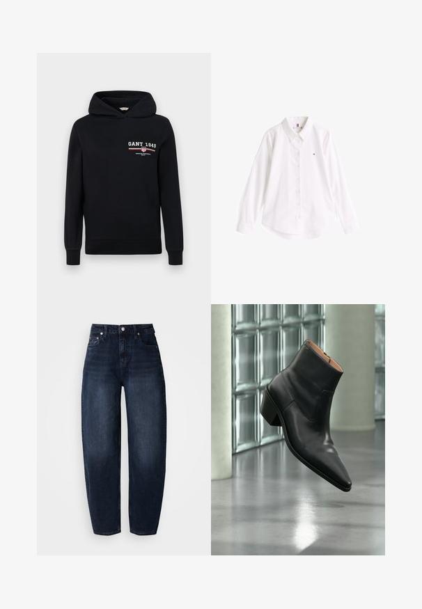 Schwarzer Hoodie aus Baumwolle mit einem Logo, das "GANT 1949" zeigt, und gestreiften Akzenten in Rot und Weiß auf der Vorderseite. Standard Passform mit Kapuze und Kordelzug.; Weißes Baumwollhemd mit klassischem Kragen, langen Ärmeln und abgerundetem Saum. Verfügt über ein kleines colored Logo auf der Brust.; Dunkelblaue Jeans aus Denim mit lockerem Schnitt, ausgestattet mit hoher Taille, geradem Bein und klassischem Fünf-Taschen-Design.; Schwarzer Leder-Stiefelette mit spitzer Schuhspitze und Blockabsatz, der über einem reflektierenden grauen Boden nahe einer Glassteinwand schwebt.