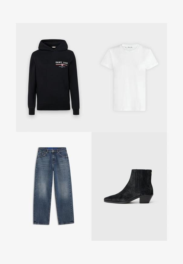 Zwarte hoodie van katoen met een logo waarop "GANT 1949" staat en gestreepte accenten in rood en wit aan de voorkant. Standaard fit met een capuchon met trekkoorden.; Effen witte T-shirt met korte mouwen en ronde hals, plat liggend op een lichtgrijze achtergrond, met voorzijde en label aan de binnenkant van de halslijn zichtbaar.; Blauwe denim jeans met een rechte pijp, voorzakken, riemlussen en lichte vervaging op de dijen en knieën tegen een witte achtergrond.; Zwarte enkelboot met een spitse neus, textuur die lijkt op haar, ribbelpaneel aan de zijkant en een lage blokhak. Eenvoudig en modern ontwerp.
