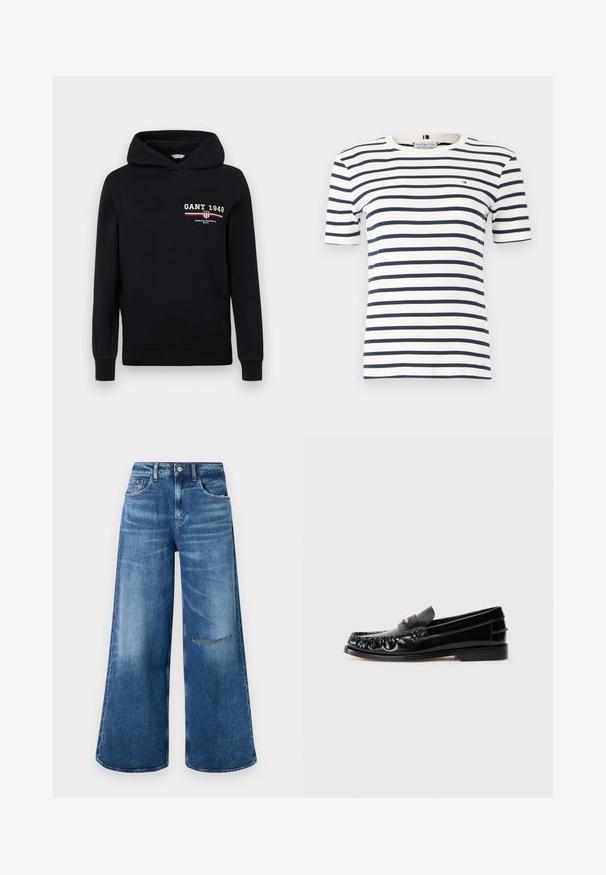 Schwarzer Hoodie aus Baumwolle mit einem Logo, das "GANT 1949" zeigt, und gestreiften Akzenten in Rot und Weiß auf der Vorderseite. Standard Passform mit Kapuze und Kordelzug.; Weißes Baumwoll-T-Shirt mit navyblauen Horizontalstreifen, kurzen Ärmeln und Rundhalsausschnitt. Mit kleinem Logo auf der linken Brust.; Weite blaue Denim-Jeans mit einem verblassten Finish, ausgestattet mit einer Fronttasche und einer ausgefransten Stelle am Knie, vervollständigt mit einem klassischen Bund.; Schwarze LederSlipper mit runder Zehenform, dekorativen Nähten und einem kleinen goldenen Akzent auf dem Vorderblatt. Flache Gummisohle, elegantes Design.