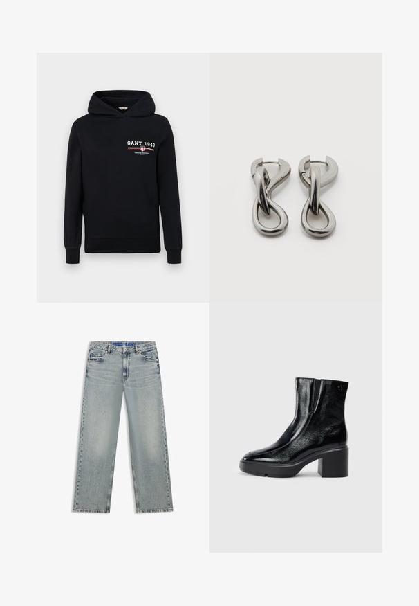 Zwarte hoodie van katoen met een logo waarop "GANT 1949" staat en gestreepte accenten in rood en wit aan de voorkant. Standaard fit met een capuchon met trekkoorden.; Lichtblauwe wijde jeans van denim, met vervaagde gebieden, vijf zakken en een blauwe tailleband met merk.; Zwarte gepatenteerde leren enkellaarsjes met een gebogen neus, elastische zijpanelen en een chunky blokhak. Voorzien van een reliëflogo aan de achterkant.; Set zilverkleurige metalen oorbellen met een abstract ontwerp van in elkaar grijpende lussen op een witte achtergrond.
