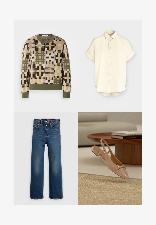 Striktrøje med et geometrisk mønster i jordfarver som grøn, brun og beige. Ribbede rundhals og ærmeafslutninger.; Beige kortærmet skjorte med knapper, opkrogede ærmer, klassisk krave og let afrundet kant fra det miljøvenlige mærke ECOALF.; Mørkeblå denimjeans med afslappet pasform. Features med fem lommer, knappelukning og diskret falmen på lårene.; Beige læder slingback flad sko med gulddetalje på spænde, placeret i luften over et vævet tæppe, et træ sofabord og stablede bøger i baggrunden.