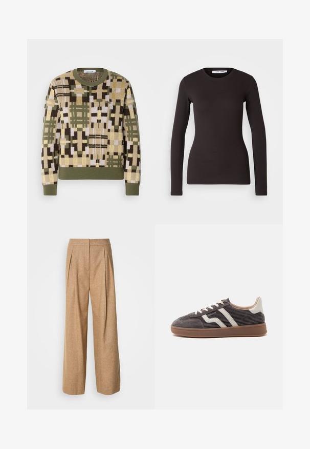 Strickpullover mit geometrischem Muster in erdigen Tönen von Grün, Braun und Beige. Gerippter Rundhalsausschnitt und Ärmelbündchen.; Langärmliges schwarzes Oberteil aus weichem, elastischem Stoff. Verfügt über einen runden Halsauschnitt und eine schmale Passform mit glatter Textur und ohne sichtbare Muster.; Weite Hose aus einem strukturierten, hellbraunen Stoff. Mit Vorderfalten und einer hohen Taille, die eine glatte Oberfläche und keine sichtbaren Verschlüsse aufweist.; Einzelner dunkelgrauer Sneaker mit weißen Lederakzenten, strukturierten Seiten, weißen Schnürsenkeln und brauner Gummisohle, im Profil auf schlichtem Hintergrund dargestellt.