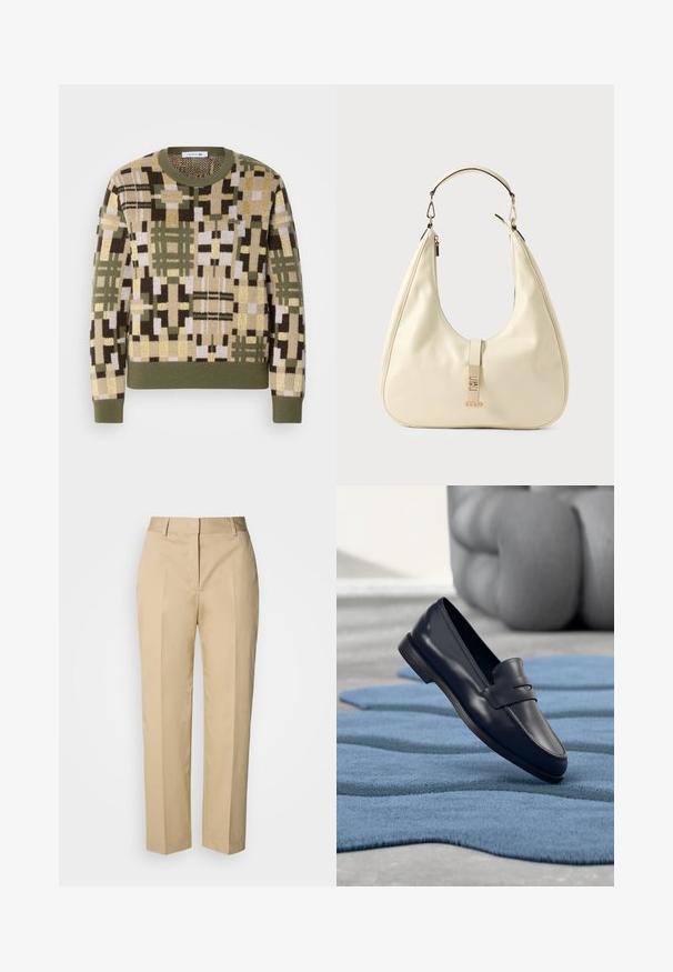Pull en maille avec un motif géométrique dans des tons terreux de vert, marron et beige. Col rond côtelé et poignets des manches côtelés.; Pantalon beige à jambe droite avec passants pour ceinture, pli avant et fermeture dissimulée, présenté sur un fond clair.; Mocassin en cuir noir posé sur un tapis bleu texturé avec une sculpture grise floue en arrière-plan.; Sac à main en cuir de couleur crème avec un corps incurvé, une poignée supérieure et des garnitures en métal doré. Dispose d'une fermeture éclair et d'un accent de marque.