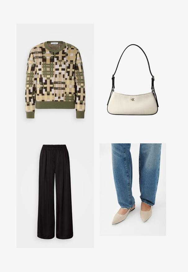 Pull en maille avec un motif géométrique dans des tons terreux de vert, marron et beige. Col rond côtelé et poignets des manches côtelés.; Pantalon noir à jambes larges avec une taille élastique, doté de plis verticaux, d'une texture de tissu lisse et d'une silhouette décontractée.; Personne portant un jean bleu et des chaussures plates pointues beiges, debout sur un sol blanc.; Petit sac à bandoulière crème avec bordure noire, sangle noire réglable et logo "cK" argenté au centre devant.