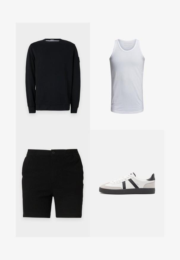 Sort sweatshirt med rund halsudskæring og lange ærmer. Fremstillet af blødt stof med ribbede manchetter og kant, med minimalistiske designdetaljer.; Hvid bomulds tank top med rund halsudskæring, brede skulderstropper og minimal branding trykt indeni kraven. Blød tekstur, afslappet pasform.; Sorte shorts med struktureret stof, elastisk talje og en enkelt knaplukning. Designet til fritidsbrug med lige snit.; Hvide sneakers med sorte og grå detaljer, med en tekstureret grå tåhætte, sort gummisål og flade hvide snørebånd. Rent design, minimalistisk stil.