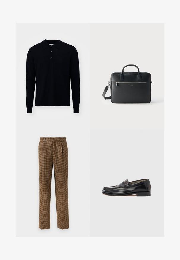 Langærmet polo shirt i mørk navy, lavet af fint strikket stof. Har en krave, tre-knap lukning og ribbede manchetter.; Brune ternede bukser med løs pasform, der har folder foran, et glat tekstureret stof og et lige ben design.; Sorte læderloafers med moccasin-design, der har en dekorativ bånd og syningsdetaljer på overdelen. Lav blokhæl.; Sort rektangulært lædermappe med dobbelte håndtag, lynlåslomme foran og aftagelig skulderrem mod en ensartet lys baggrund.