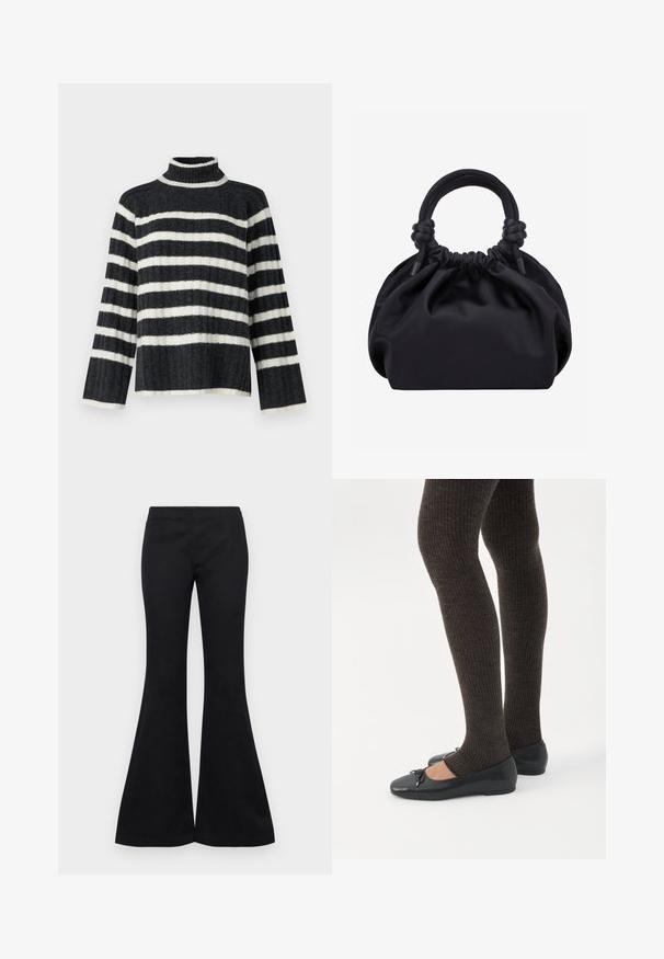 Pull en col roulé à rayures noires et blanches, à la coupe ample, avec une texture côtelée et des manches longues. Il présente un col haut et des rayures horizontales.; Pantalons évasés noirs en tissu lisse, dotés d'un haut ajusté et de jambes larges, sans ornements visibles ni poches.; Jambes portant des leggings côtelés foncés associés à des ballerines noires avec de petits détails en nœud sur fond blanc.; Sac à main en tissu noir doux avec haut froncé et poignées circulaires rembourrées nouées de chaque côté.