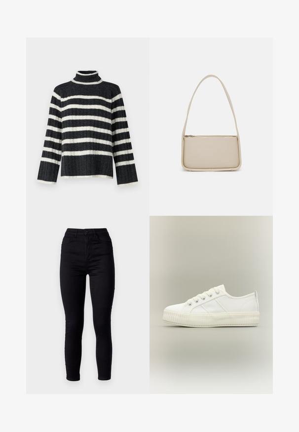 Zwart-wit gestreepte coltrui met een losse pasvorm, geribbelde structuur en lange mouwen. Heeft een hoge kraag en horizontale strepen.; Zwarte skinny jeans met een hoge taille, gemaakt van stretchdenim. Voorzien van een sluiting met een knoop aan de voorkant en twee achterzakken. Soepele textuur.; Witte lage sneaker met dikke geribde zool, veters aan de voorkant en trek-lus aan de hiel tegen een neutrale achtergrond.; Even&Odd by Zalando Handtas - off white