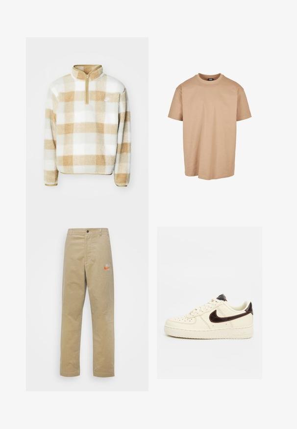 Fleece pullover met een halve rits, met een beige en witte geruite patroon en een klein logo op de borst. Zachte textuur en een ontspannen pasvorm.; Beige katoenen t-shirt met een ronde hals, korte mouwen en een relaxed fit; heeft een gladde textuur en een minimalistisch design.; Nike Sportswear TREND PANT - Broek - khaki/team orange/khaki; Lage beige Nike Air Force 1 sneaker met zwart swoosh-logo, beige veters en beige zool op een neutrale achtergrond.
