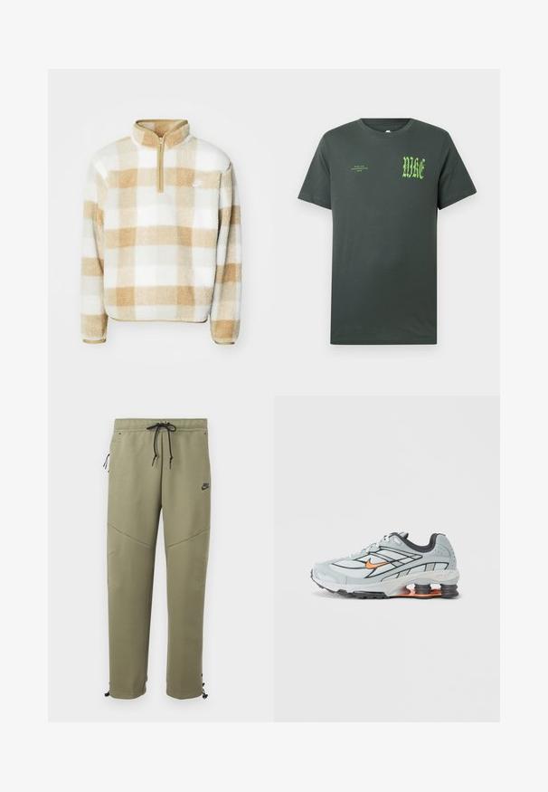 Sudadera de forro polar con media cremallera, que presenta un patrón a cuadros en beige y blanco y un pequeño logo en el pecho. Textura suave y corte relajado.; Camiseta de algodón verde oscuro con mangas cortas. En el frente presenta un gran logo verde de "NIKE" y un texto más pequeño, cuello redondo clásico, textura suave.; Pantalones deportivos verdes oliva de Nike con cordones negros, bolsillo lateral con cremallera, paneles en la rodilla y lazos ajustables en los tobillos.; Zapatilla de correr gris claro con detalles en negro, logo naranja, parte superior de malla, collar acolchado y suela de goma con unidades visibles de absorción de impactos.