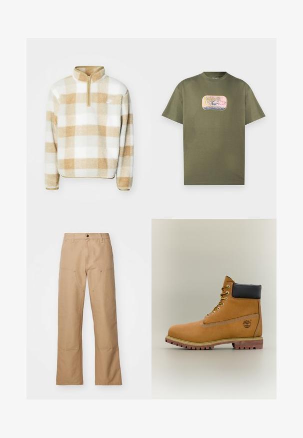 Sudadera de forro polar con media cremallera, que presenta un patrón a cuadros en beige y blanco y un pequeño logo en el pecho. Textura suave y corte relajado.; Camiseta de algodón verde oliva con cuello redondo, que presenta un estampado gráfico colorido de un canoa y olas en el frente. Mangas cortas, corte holgado.; Pantalones de pierna ancha beige hechos de lona, con bolsillos frontales, detalles en dorado y un diseño de frente plano.; Bota de tobillo de cuero marrón con cuello negro, cordones amarillos y suela beige. Presenta un logotipo y detalles de costura blanca. Suela exterior con tracción robusta.