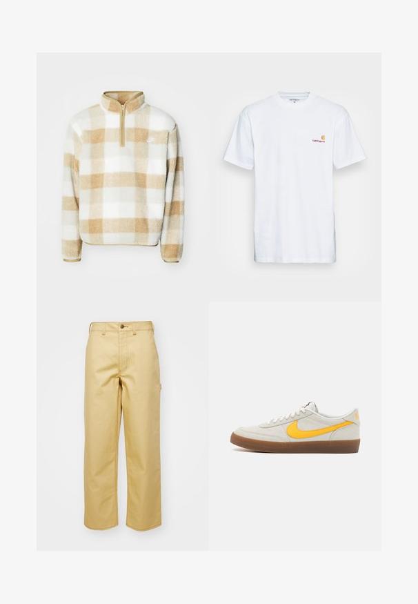 Fleece pullover met een halve rits, met een beige en witte geruite patroon en een klein logo op de borst. Zachte textuur en een ontspannen pasvorm.; Witte katoenen t-shirt met korte mouwen. Ontworpen met een klein oranje en kastanjebruin logo op de linkerkant van de borst. Heeft een klassieke ronde hals.; Beige, wijde broek van katoen met een sluiting aan de voorkant, riemlussen en zijzakken. Soepele textuur met zichtbare stikdetails.; Nike sneaker in lichtgrijs suede met een gele swoosh, witte veters en een bruine rubberen zool. Heeft een gestructureerde afwerking en een gewatteerde kraag.