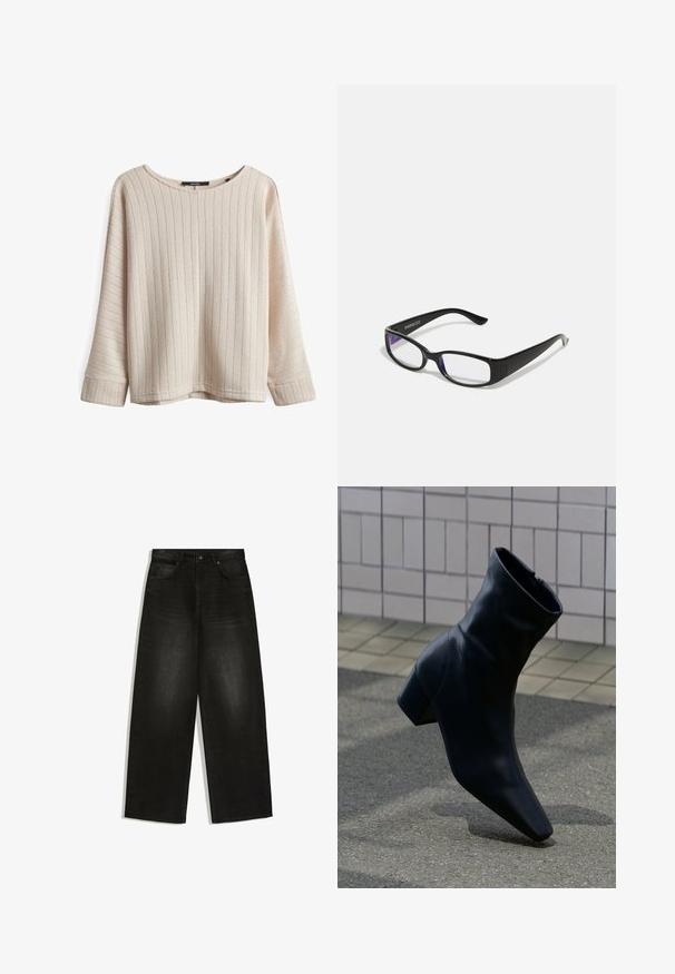 Helle beige Pullover mit vertikaler Rippung, weitem Boot-Ausschnitt und lockerer Passform. Strukturierter Stoff, lange Ärmel mit verlängerten Bündchen.; Schwarze Jeans mit weitem Bein, vorderem Knopf- und Reißverschluss, Gürtelschlaufen und zwei Vordertaschen auf weißem Hintergrund.; Schwarzer Leder-Stiefelette mit Blockabsatz, stehend auf einer strukturierten Asphaltoberfläche nahe einer gefliesten Wand.; Schwarze rechteckige Brille mit klaren Gläsern. Glänzende Oberfläche, schmale Bügel und lila Tönung an den Rändern der Gläser sichtbar.